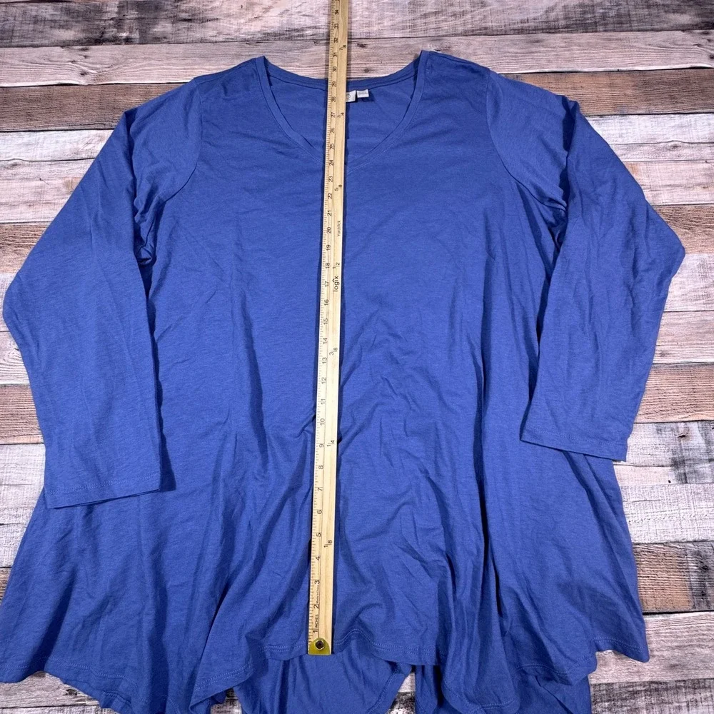 LOGO Lori Goldstein‎ Top 3X Blue V-Neck Sharkbite Hem Peplum Long Sleeve